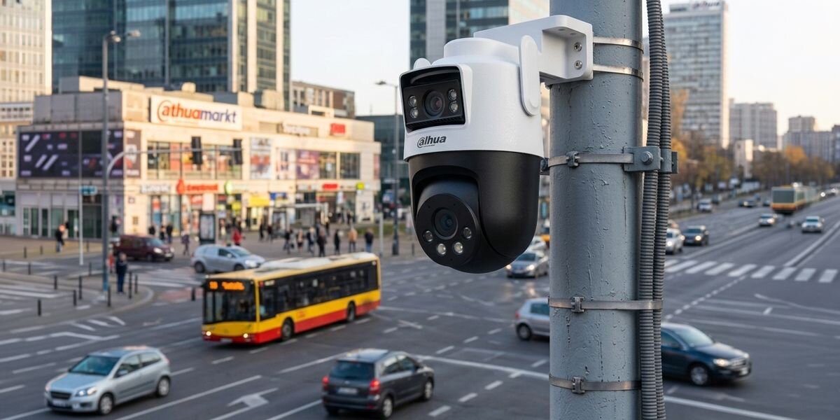 Kamera DAHUA P3D-3F-PV Zewnętrzna, Wi-Fi / LAN, Kamera obrotowa, AI, ludzie, pojazdy, alarmy, Kamera Dahua monitorująca ruch uliczny w mieście, montaż na słupie.