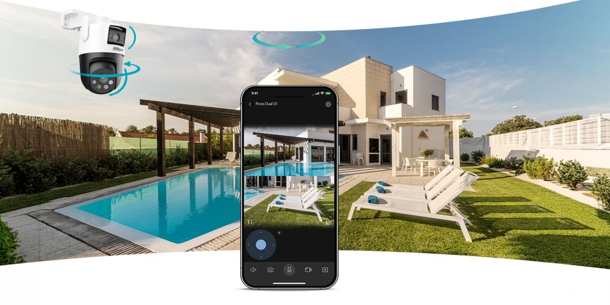 Kamera DAHUA P3D-3F-PV Zewnętrzna, Wi-Fi / LAN, Kamera obrotowa, odstraszanie, alarm, smartfon, ochrona, Widok z kamery Dahua na basen w aplikacji mobilnej, monitoring domu.