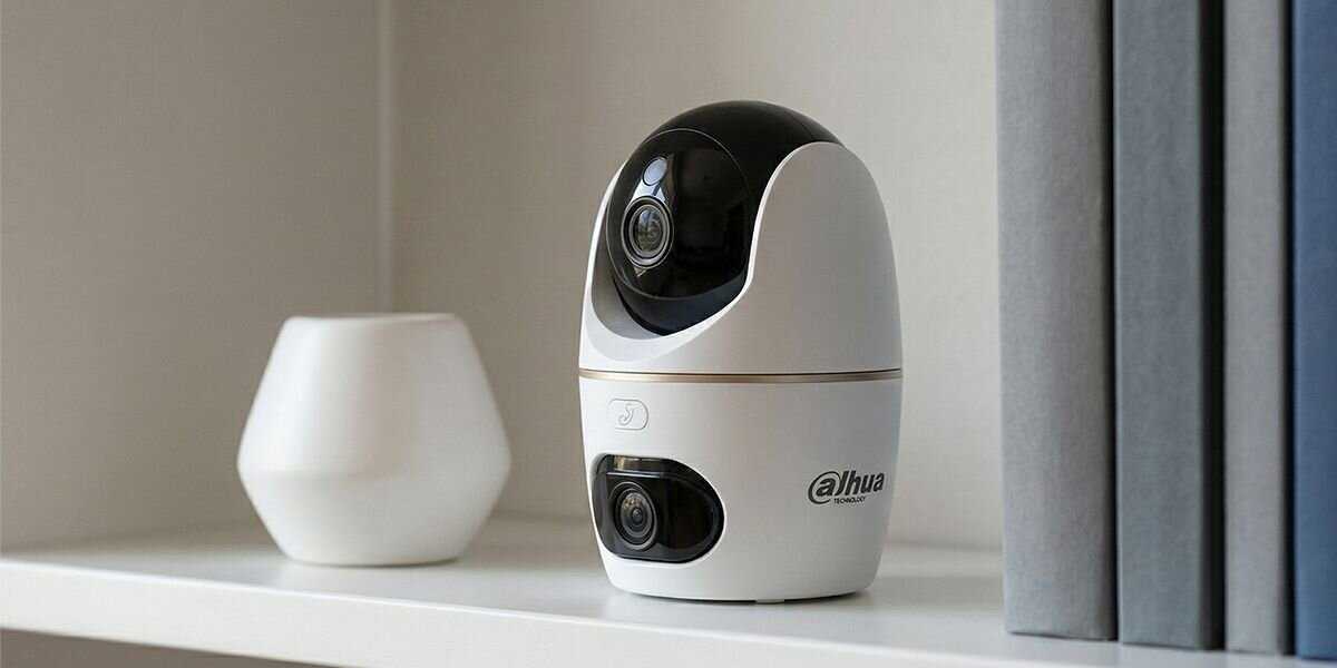 Kamera DAHUA H3D-3F Dual Wewnętrzna, Wi-Fi / LAN, Kamera obrotowa, martwe strefy, kamera, obiektywy, ochrona, Kamera Dahua Hero A1 Dual na półce, dwa obiektywy, monitoring domowy.