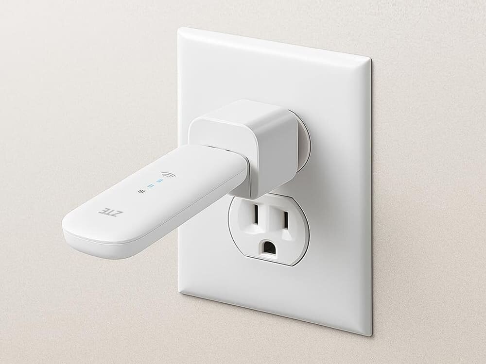 Modem ZTE MF79N 4G LTE Biały modem Wi-Fi podłączony z ładowarką do gniazdka. Symbolizuje funkcję domowego routera LTE, który zapewnia stabilne połączenie z internetem w każdym pomieszczeniu, funkcja routera, udostępnianie sieci