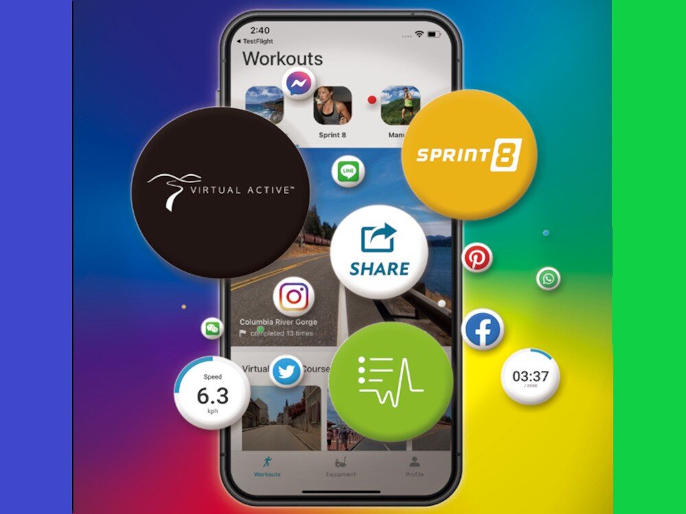 Na ekranie smartfona widoczna jest aplikacja z sekcją \'Workouts\' oraz różnymi ikonami, takimi jak \'VIRTUAL ACTIVE\', \'SPRINT 8\', \'SHARE\', oraz symbole mediów społecznościowych. Na ekranie wyświetlane są również dane, takie jak prędkość 6.3 kph i czas 03:37.