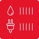 Czerwony kwadrat z białymi ikonami: kropla wody i wtyczka elektryczna, obok pionowe linie.