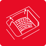 Ikona przedstawia schematyczny rysunek bębna pralki z otwartymi drzwiczkami, na czerwonym tle.