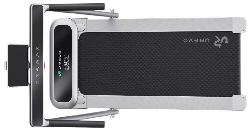 Bieżnia elektryczna UREVO Foldmix 5L Pro 2237W 13.4 km-h bieżnia na białym tle widoczna z góry na bieżni biegnie osoba pas bieżny o wymiarach 40 × 120 cm odpowiednia przestrzeń do swobodnego kroku stabilność ruchu wspiera dłuższe i bardziej komfortowe sesje treningowe