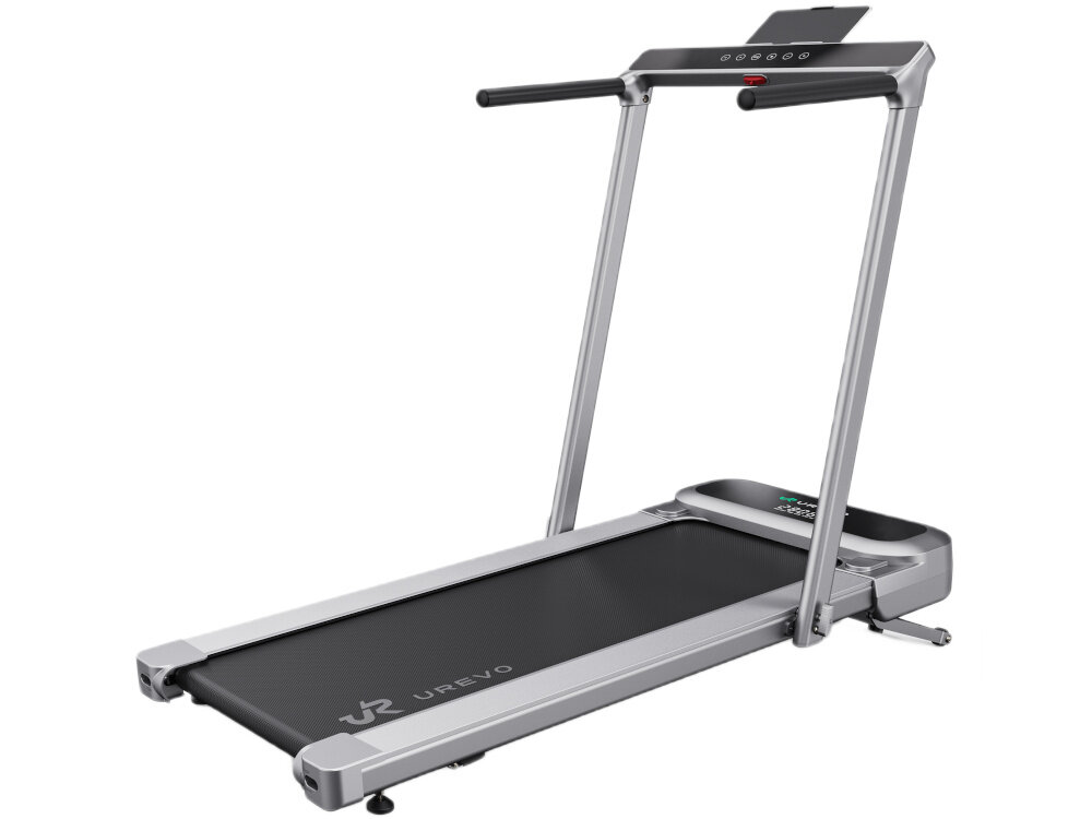 Bieżnia elektryczna UREVO Foldmix 5L Pro 2237W 13.4 km-h bieżnia na białym tle widoczna od tyłu pod skosem szeroko zakrojone testy w laboratorium UREVO cicha praca na poziomie do 45 dB nie zakłóca spokoju domowników ani sąsiadów cicha praca sprzyja skupieniu lepsza efektywność treningu większy komfort