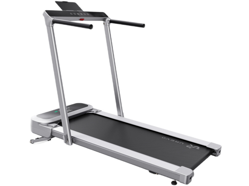 Bieżnia elektryczna UREVO Foldmix 5L Pro 2237W 13.4 km-h bieżnia na białym tle widoczna z boku pod lekkim skosem przycisk oszczędza czas pieniądze intuicyjna obsługa