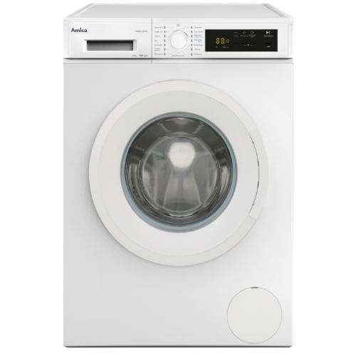 Biała pralka z okrągłym, przezroczystym oknem na drzwiach. Na panelu sterowania widoczne są przyciski, pokrętło oraz wyświetlacz z cyframi \'8:8\'.