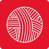 Czerwone tło z białym, stylizowanym symbolem włóczki w kształcie okręgu.