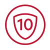 Czerwony symbol tarczy z liczbą 10 w środku, otoczony okręgiem.
