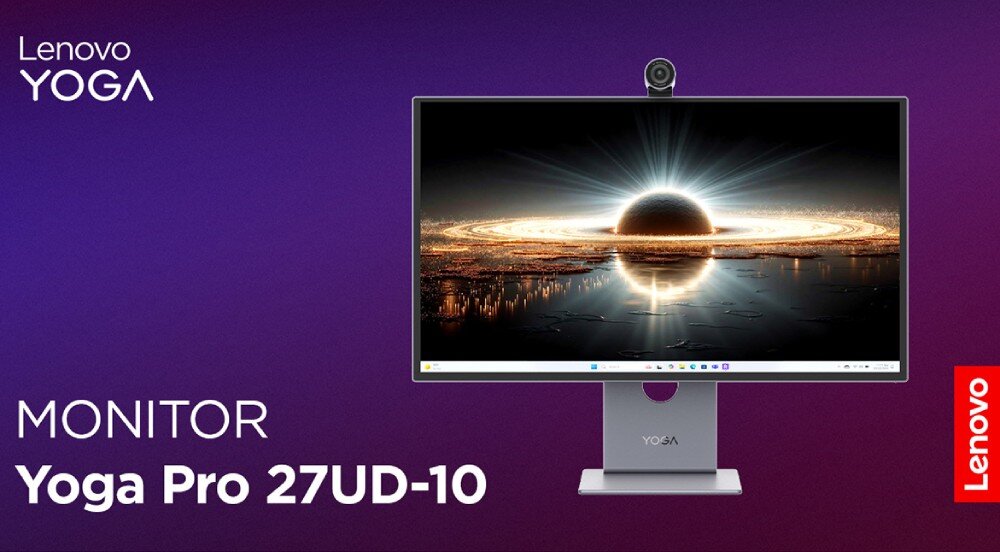 Obraz przedstawia monitor z wyświetlonym na ekranie kosmicznym motywem z pierścieniem wokół planety. Na fioletowym tle widnieje tekst: \'Lenovo YOGA MONITOR Yoga Pro 27UD-10\', a po prawej stronie znajduje się czerwone logo z napisem \'Lenovo\'.