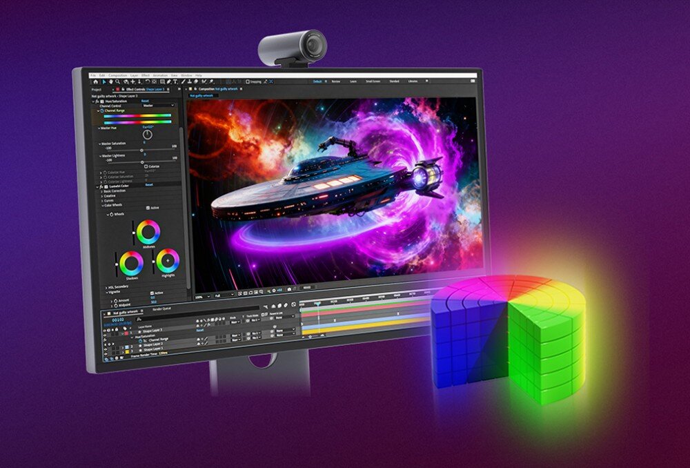 Monitor wyświetla kolorową grafikę z kosmicznym statkiem na tle efektów specjalnych. Obok monitora widoczny jest kolorowy wykres 3D w kształcie koła.