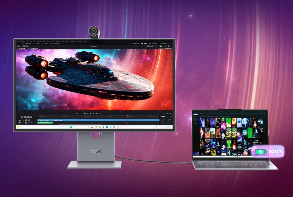 Monitor z wyświetlanym obrazem statku kosmicznego oraz laptop z ikonami aplikacji, połączone kablem. Na monitorze widoczne jest logo \'YOGA\'.