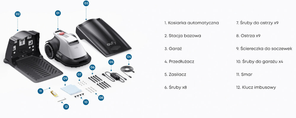 Robot koszący EUFY E15 Bez przewodu ograniczającego zestaw na białym tle w zestawie robot akcesoria dokumentacja