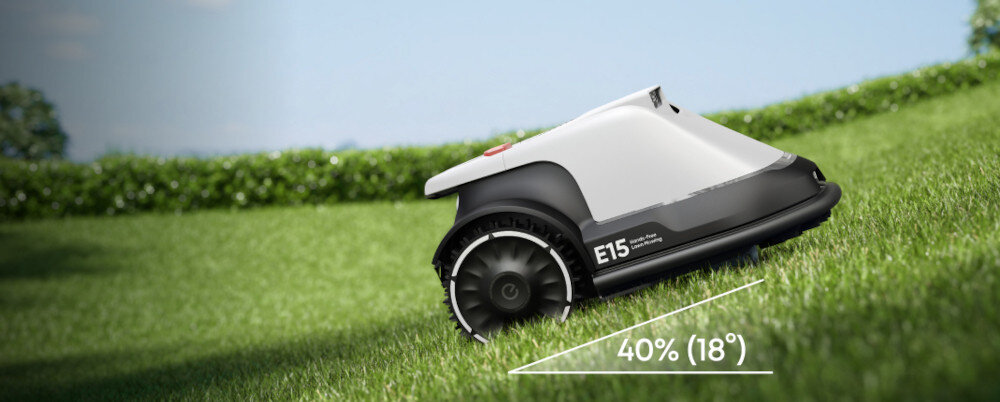 Robot koszący EUFY E15 Bez przewodu ograniczającego robot kosi trawę wjeżdża na górkę obsługuje nachylenie terenu do 40% (18°) dostosowuje się do ukształtowania terenu maksymalna długość linii roboczej do 60 m