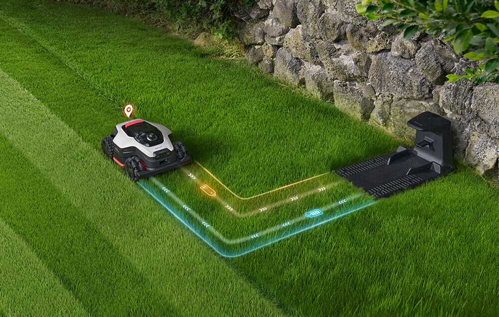 Robot koszący DREAME A3 AWD 1600 bez przewodu ograniczającego robot jedzie do stacji ładującej trawnik murek z kamieni standardowy do 1200 m² w 24 godziny wydajny do 2000 m² intensywny do 2400 m² akumulator 5 Ah czas pracy około 90 minut czas ładowania około 54 minuty