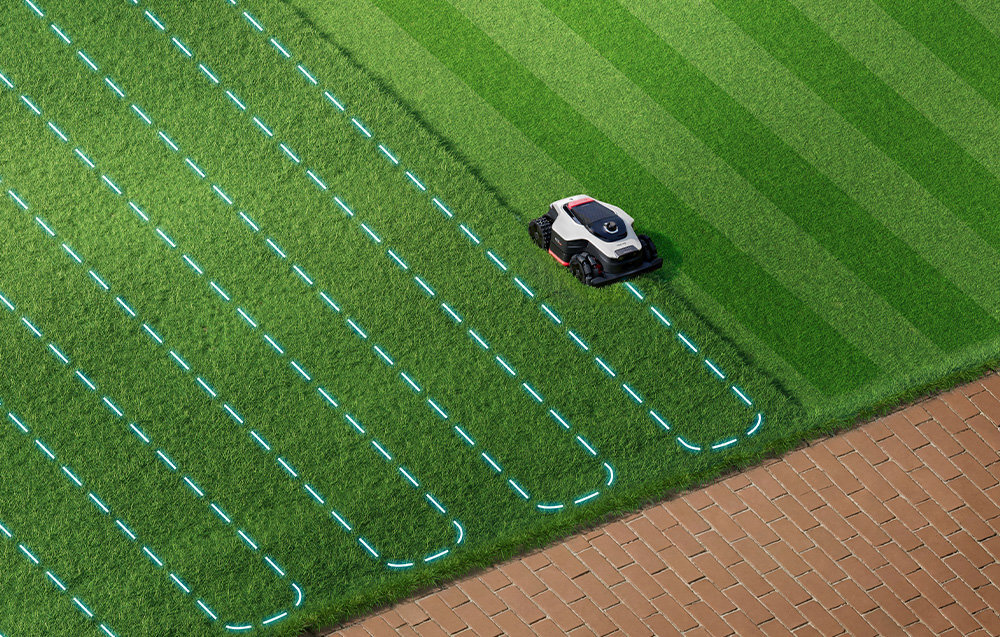 Robot koszący DREAME A3 AWD 1600 bez przewodu ograniczającego trawnik robot kosi trawę symulacja pokazująca schemat koszenia zaawansowane algorytmy schemat koszenia w kształcie litery U pracuje metodycznie funkcja wznowienia