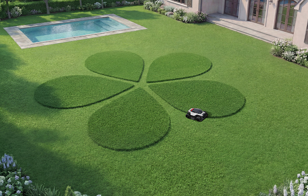 Robot koszący DREAME A3 AWD 1600 bez przewodu ograniczającego ogród na trawniku wykoszony kształt płatków kwiatu basen dom robot na trawie różne tryby pracy koszenie całego obszaru wybranych stref krawędzi punktowe szerokość koszenia do 20 cm wysokość koszenia w zakresie 30-100 mm co 5 mm