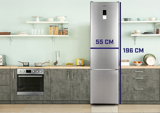 Lodówka MPM-311-FF-57 w zabudowie kuchennej z oznaczeniem jej poszczególnych wymiarów.