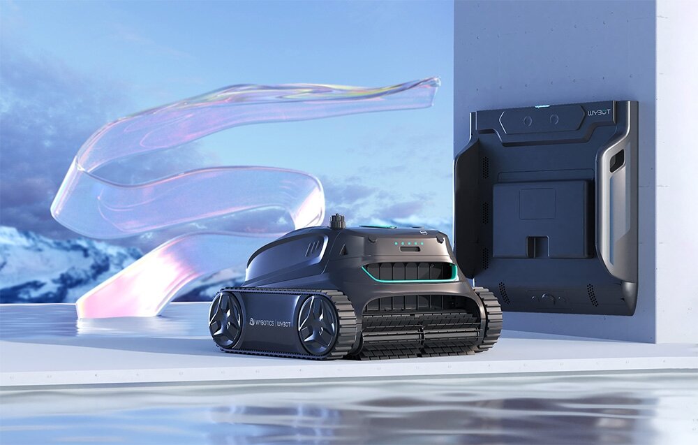 Robot do czyszczenia basenów WYBOT S2 Pro, technologia, bezprzewodowa, korozje, awaria, robota stoi obok stacji dokującej