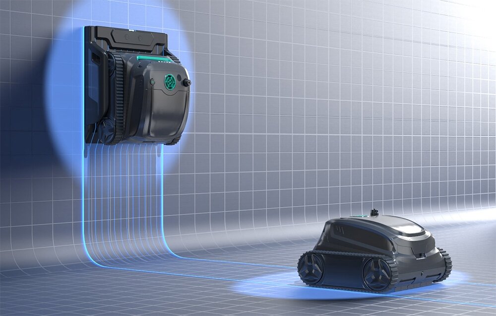 Robot do czyszczenia basenów WYBOT S2 Pro, zaprojektowany, dno, ściana, linia, czujniki, wizualizacja robota jadącego z pionowej do poziomej powierzchni basenu