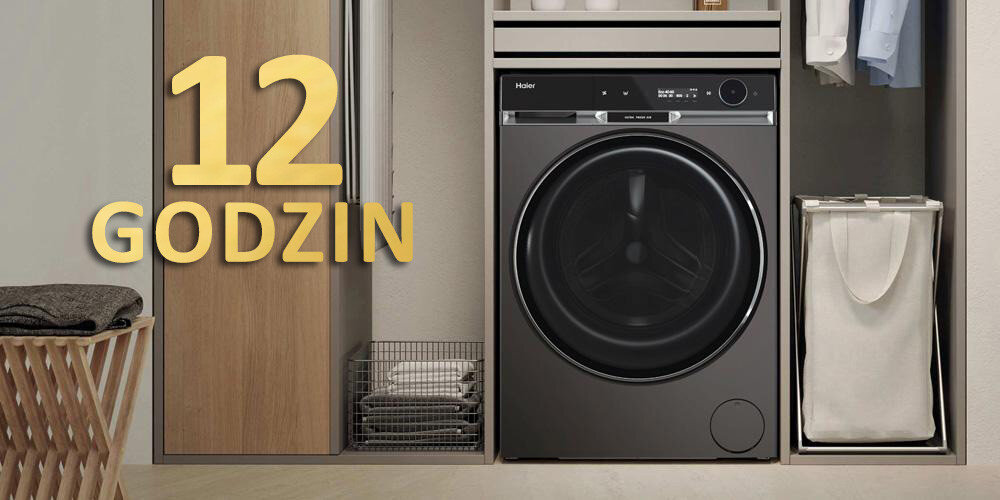 PRALKA HAIER HW100BD14397PGUS X11 lifestyle wizualizacja front zamknięta kosz na pranie kosz druciany obok pralki Ultra Fresh Air Świeżość i wspaniały zapach ubrań do 12 godzin niezależny silnik