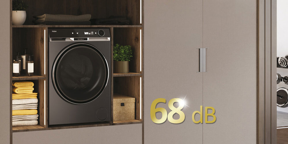 PRALKA HAIER HW100BD14397PGUS X11 lifestyle wizualizacja ikona grafika poziom dźwięku hałas 68 dB cicha praca silnik inwerterowy bez zakłócenia spokoju