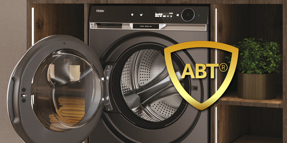 PRALKA HAIER HW100BD14397PGUS X11 lifestyle wizualizacja ikona pralka otwarta bęben pusty wnętrze Zawsze higienicznie czyste pranie system antybakteryjny ABT ochrona przed pleśnią Smart Dual Spray