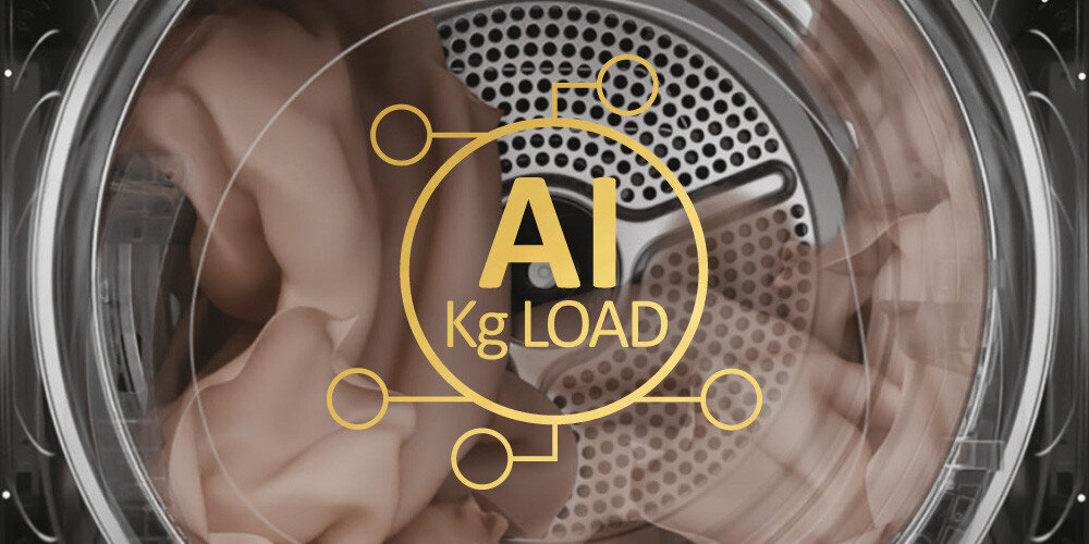 PRALKA HAIER HW100BD14397PGUS X11 lifestyle wizualizacja ikona grafika KG Load bęben wnętrze tkanina ubranie Oszczędzaj wodę i prąd system wagowy