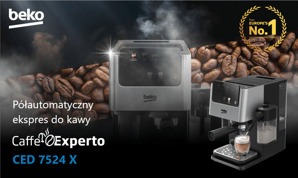 Obraz przedstawia półautomatyczny ekspres do kawy z logo \'beko\' oraz tekstem \'Półautomatyczny ekspres do kawy CaffeExperto CED 7524 X\'. W tle widoczne są ziarna kawy i napis \'from EUROPE\'s No.1\'.