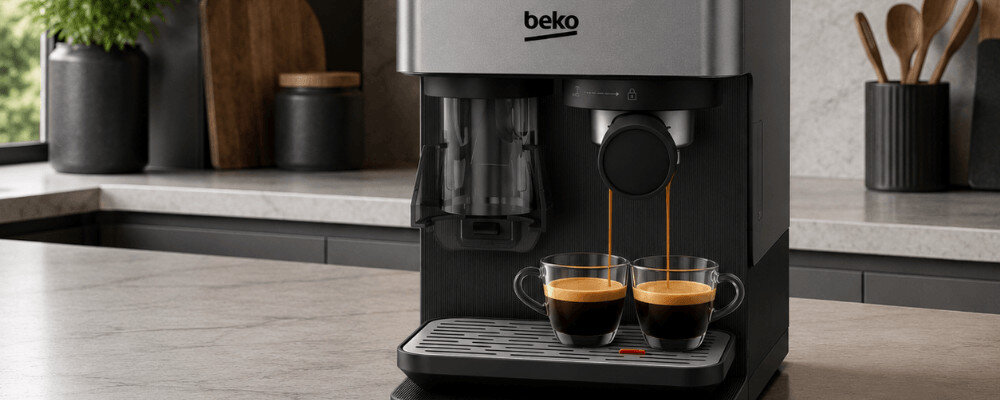 Ekspres do kawy z logo \'beko\' przygotowuje dwa espresso, które nalewają się do szklanych filiżanek na metalowej tacce ociekowej.