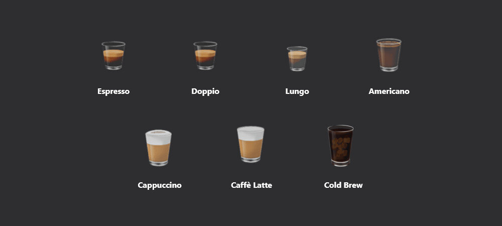 Obraz przedstawia siedem szklanek z różnymi rodzajami kawy, każda podpisana: Espresso, Doppio, Lungo, Americano, Cappuccino, Caffe Latte, Cold Brew.