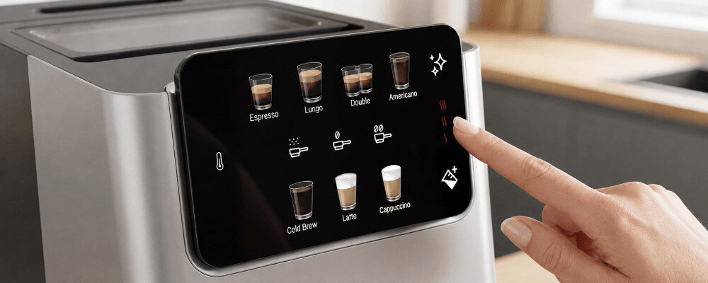 Na zdjęciu widać panel dotykowy ekspresu do kawy z ikonami różnych rodzajów kaw: Espresso, Lungo, Double, Americano, Cold Brew, Latte, Cappuccino. Obok panelu widoczna jest dłoń wskazująca na przyciski na ekranie.