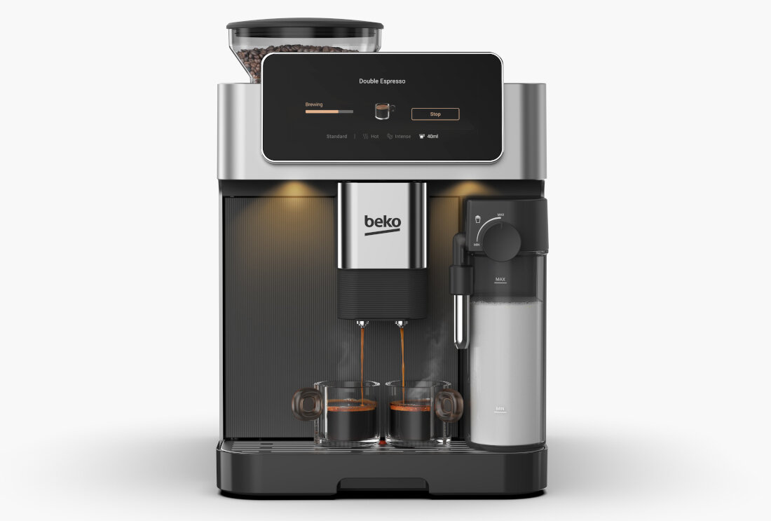 Ekspres do kawy w kolorze czarno-srebrnym z widocznym logo \'beko\' na przednim panelu. Na wyświetlaczu widoczny jest napis \'Double Espresso\' oraz przyciski \'Brewing\' i \'Stop\'.