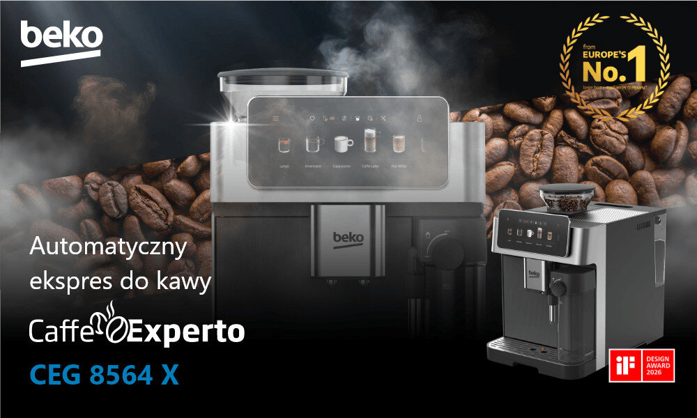 Obraz przedstawia automatyczny ekspres do kawy z logo beko, otoczony ziarnami kawy. Widoczny jest napis: \'Automatyczny ekspres do kawy CaffeExperto CEG 8564 X\' oraz oznaczenie \'from EUROPE\'s No.1\' i \'iF DESIGN AWARD 2022\'.