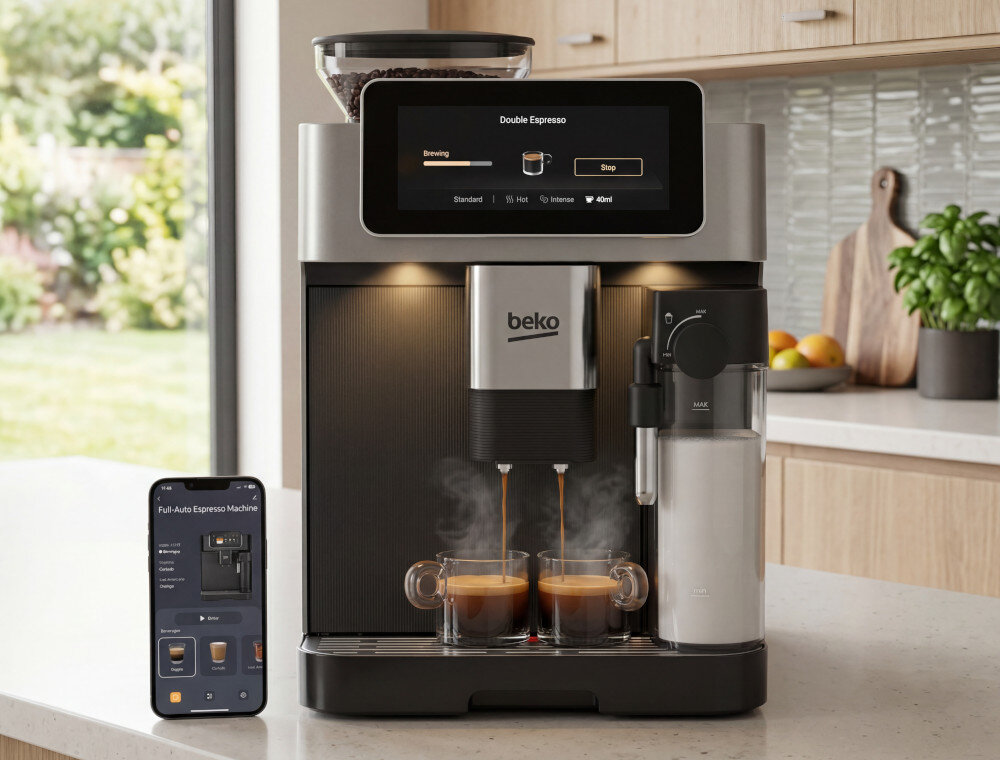 Na blacie kuchennym stoi czarno-srebrny ekspres do kawy z logo \'beko\', przygotowujący dwa espresso. Obok ekspresu znajduje się smartfon z aplikacją pokazującą ustawienia ekspresu.