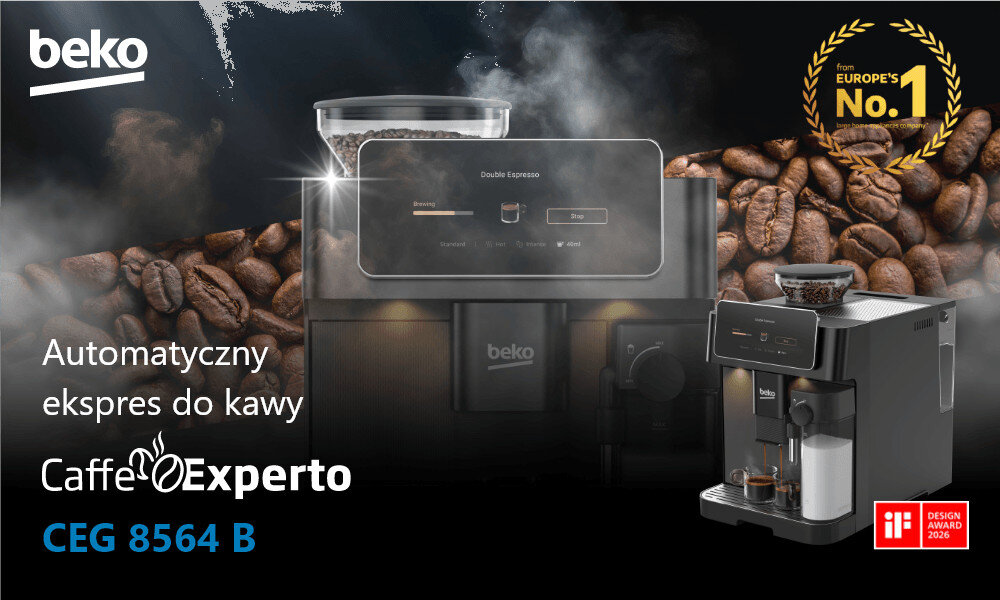 Obraz przedstawia automatyczny ekspres do kawy z logo beko, otoczony ziarnami kawy. Widoczny jest napis: \'Automatyczny ekspres do kawy CaffeExperto CEG 8564 B\'.