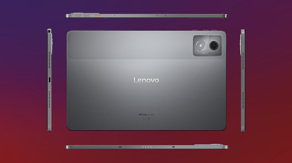 Obraz przedstawia szary tablet z logo \'Lenovo\' na tylnej obudowie. Widać także aparat fotograficzny oraz napisy \'H2O Audio\' i \'CE\'.