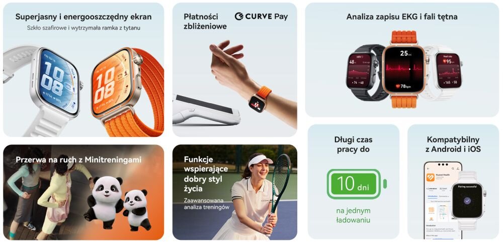 Grafika przedstawia różne funkcje i cechy smartwatcha, takie jak superjasny ekran, płatności zbliżeniowe, analiza EKG, przerwa na ruch z minitreningami, długi czas pracy do 10 dni oraz kompatybilność z Android i iOS. Widoczne są także ilustracje smartwatcha oraz osób korzystających z jego funkcji.