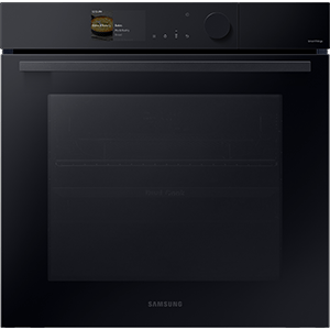 Czarny piekarnik elektryczny z panelem sterowania z wyświetlaczem i pokrętłem. Na froncie widoczne jest logo \'SAMSUNG\'.