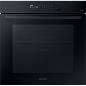 Czarny piekarnik elektryczny z panelem dotykowym i pokrętłem, z widocznym logo Samsung na dole. Na panelu znajdują się symbole i cyfry wskazujące ustawienia urządzenia.