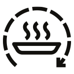 Czarna ikona przedstawiająca talerz z unoszącą się parą, otoczony okręgiem z zakrzywioną strzałką skierowaną w dół.