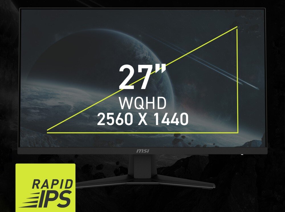 Monitor z wyświetlaczem pokazującym grafikę kosmiczną, z nałożonym tekstem: \'27\