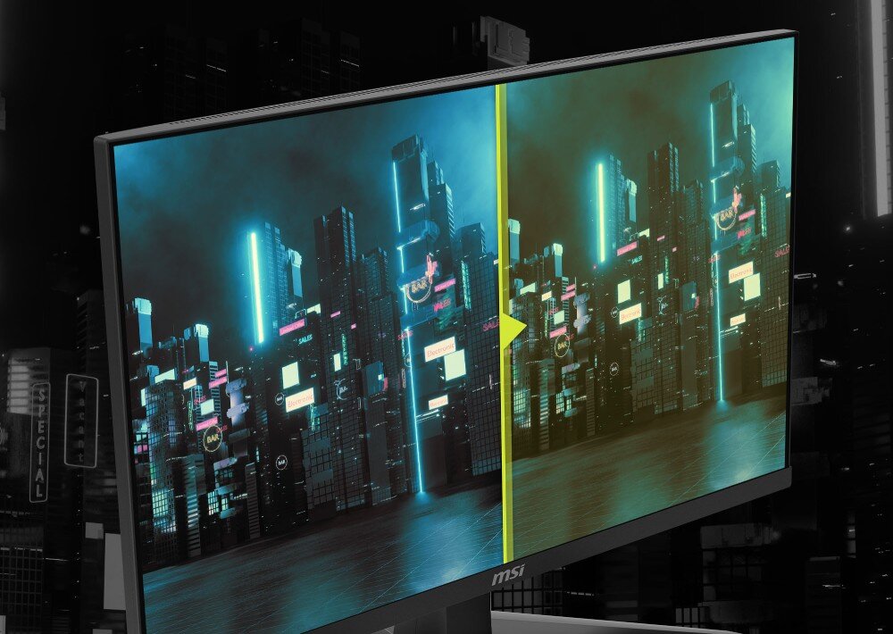 Monitor wyświetla obraz futurystycznego miasta z neonowymi światłami, podzielony pionową linią na dwie części o różnej jasności. Na dolnej ramce monitora widoczne jest logo \'msi\'.