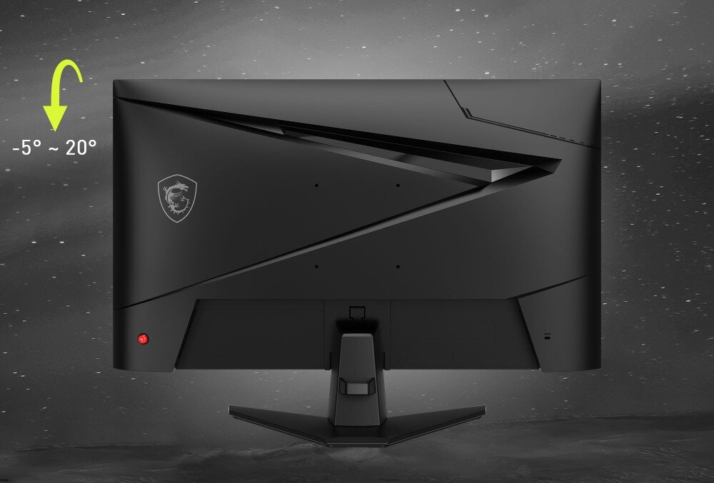 Tył czarnego monitora z logo producenta i możliwością regulacji kąta nachylenia od -5° do 20°. Tło jest ciemne z delikatnym wzorem przypominającym gwiazdy.