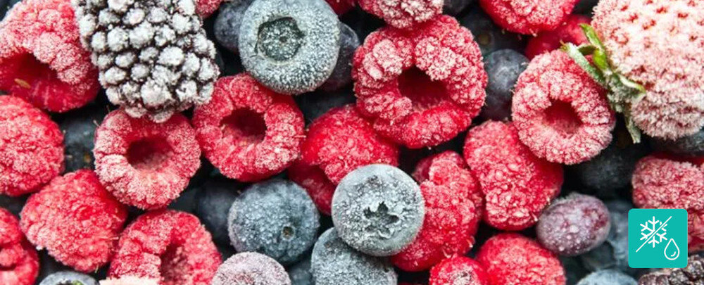 Obraz przedstawia zamrożone owoce, takie jak maliny, jeżyny i borówki, pokryte szronem. W prawym dolnym rogu znajduje się ikona z symbolem płatka śniegu i kropli wody na turkusowym tle.