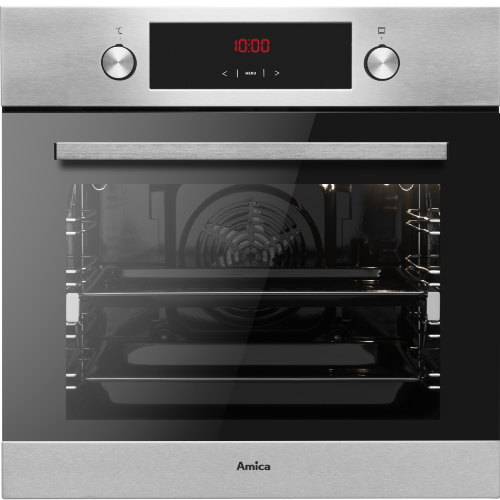 Piekarnik elektryczny w kolorze inox z czarnym panelem frontowym, na którym widoczny jest czerwony wyświetlacz z godziną 10:00. Na panelu znajdują się dwa pokrętła oraz logo Amica.