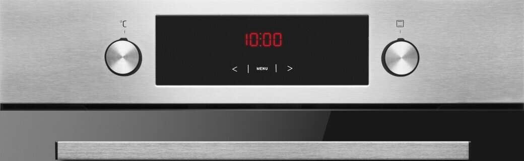 Panel sterowania piekarnika z dwoma pokrętłami i wyświetlaczem cyfrowym pokazującym godzinę 10:00. Na wyświetlaczu znajdują się również przyciski z symbolami strzałek i napisem \'MENU\'.