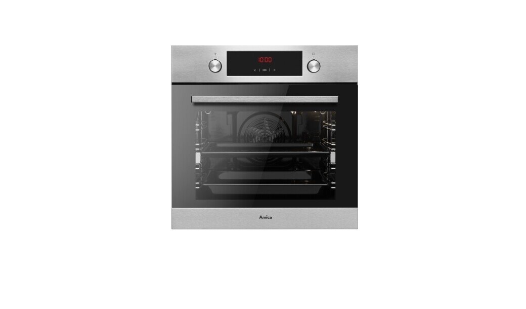 Na obrazie widoczny jest piekarnik elektryczny w kolorze inox z panelem sterowania i dwoma pokrętłami. Na panelu wyświetlacza widnieje czerwony napis \'0:00\', a poniżej znajduje się logo \'Amica\'.