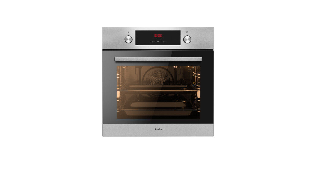 Piekarnik elektryczny w kolorze inox z czarnym panelem sterowania i dwoma pokrętłami. Na wyświetlaczu widoczny jest czerwony napis \'0:00\'.