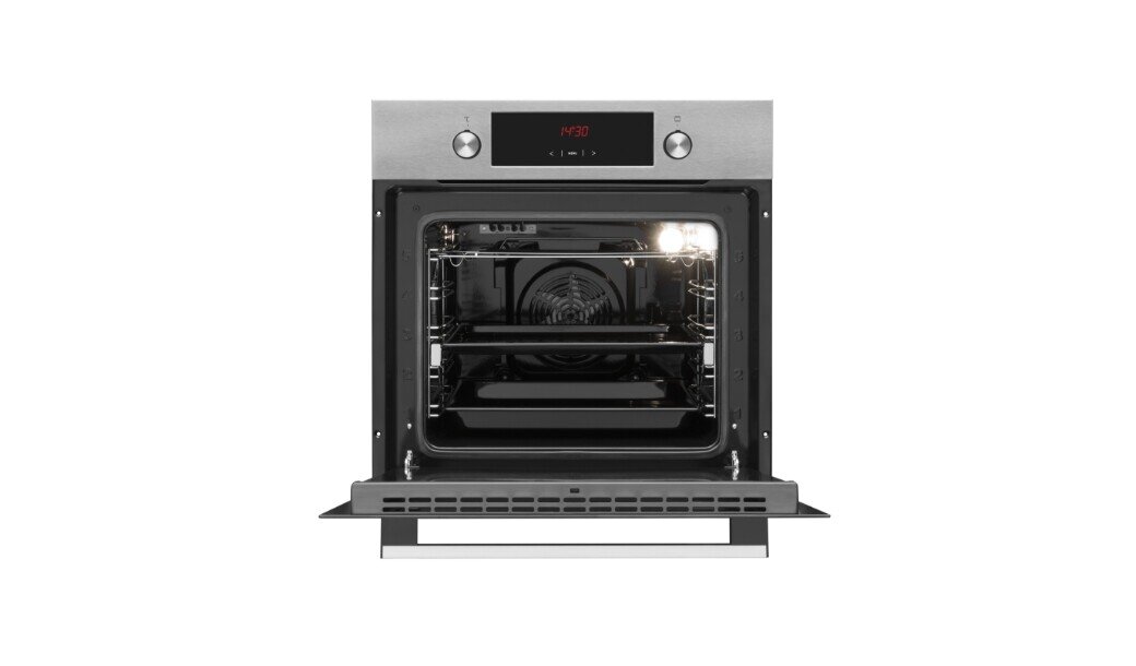 Otwarty piekarnik elektryczny w kolorze inox z widocznym wnętrzem i dwoma półkami. Na panelu sterowania wyświetla się czerwony napis \'12:30\'.